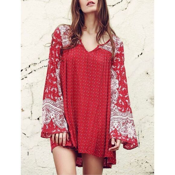 Free People Ethnic Print V Neck Long Sleeve Tunic Dress  Red size S Boho - Picture 1 of 10